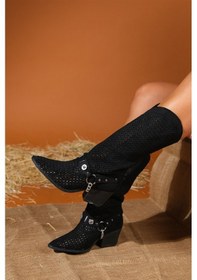 Resim Luvi Shoes Lıza Siyah Kemerli Kalın Topuklu Kadın Yazlık Çizme Siyah 