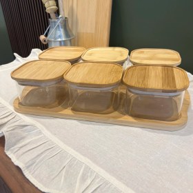 Resim Sade Hediye 6'lı Bambu Tepsili Kare Cam Kahvaltılık Seti 