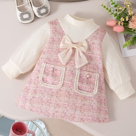 Resim Sevimli Pembe Uzun Kollu Prenses Elbisesi Bebek Kızlar İçin, Yay ve Şık Tasarım ile, Doğum Günü Partileri İçin Mükemmel. 