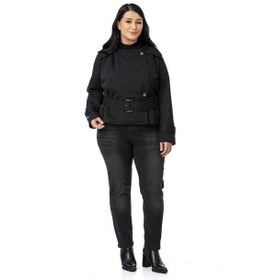 Resim Disentis Büyük Beden Mono Yaka Kemerli Astarlı Kısa Siyah Trençkot Siyah 