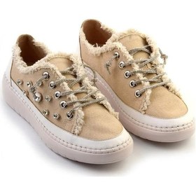Resim Erkan Saçmacı Valentina Bej Denim Kristal Taşlı Gümüş Bağcıklı Sneaker Bej 
