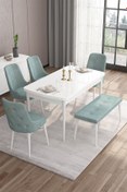 Resim Canisa Are Serisi Mdf 80x132 Açılabilir Beyaz Masa Takımı 4 Su Yeşili Sandalye Ve 1 Bench 