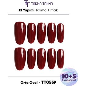Resim 15'li Kırmızı Kısa Oval Tt0559 Tekrar Kullanılabilir El Yapımı Protez Takma Tırnak L 