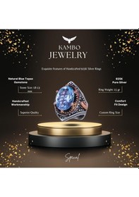 Resim Gerçek Doğal Mavi Londra Topaz Taşlı Yüzük, Gümüş Erkek Kral Yüzüğü Gümüş 