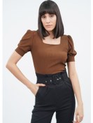 Resim Gabria Kadın Kare Yaka Örme Bluz Kahve (538124459) Kahverengi 