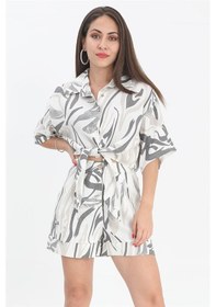 Resim Gömlek Kısa Önden Bağlamalı Keten - Siyah-siyah Siyah 