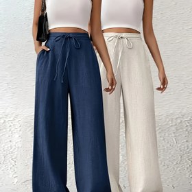 Resim Kadınlar için Rahat ve Şık Düz Bacaklı Geniş Bacaklı Pantolonlar, Cep Detaylı, 2 Parça Set, Düz Renk, Bağcıklı Bel, Bahar/Yaz/Sonbahar için Rahat Stil, Yetişkin Bedeni 