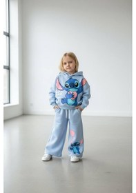 Resim Cg Kids Stitch Temalı İspanyol Paça 2 İplik Kız Çocuk Alt Üst Eşofman Takım Süper Kalite Mavi 