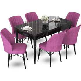 Resim Canisa Concept Fer Serisi 70x114 Açılabilir Siyah Mermer Desen Mutfak Masa Takımı 6 Mor Sandalye 