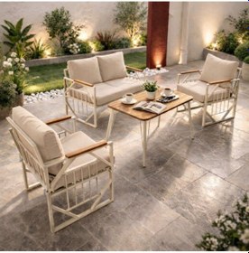 Resim Violet Krem 2+1+1 Masalı Bej Bahçe Oturma Grubu Minderli Metal Ahşap Detaylı Balkon Teras Takımı Bej 