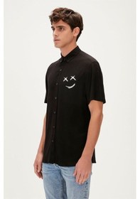 Resim Bad Bear Smile Shirt 23.01.30.004s Siyah Kısa Kollu Baskılı Erkek Gömlek Siyah 
