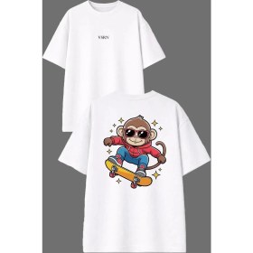 Resim Vsrn Kaykay Tropical Tasarım Ön Arka Baskılı Beyaz Oversize T Shirt 