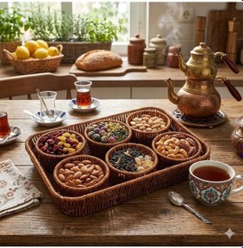 Resim Kosova Wicker 7'li Tepsili Çerezlik Set Kahverengi 