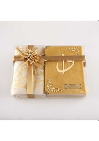 Resim Seccade + Tesbih + Kuran Hediye Seti (Çanta Boy, Kadife, Gold) 