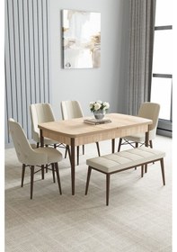 Resim Jusie Meşe Desen 80x132 Açılabilir Yemek Odası Takımı 4 Sandalye, 1 Bench Krem 