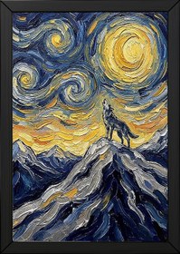 Resim Lone Wolf Howling Mountain Peak Print - Van Gogh Starry Night Wall Art - Wooden Frame - Natural / 8,3 x 11,7" (21x30) 