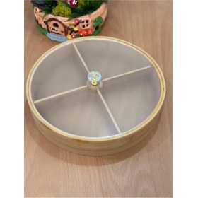 Resim Bambudan Döner 4 Bölmeli Kahvaltılık ve Çerezlik, Akrilik Kapaklı, 25 cm 