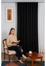 Resim Kadife Dokulu Ada Fon Perde Salon Yatak Odası Siyah 