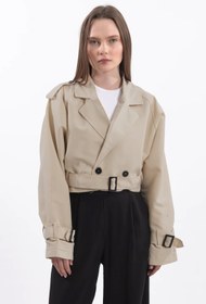 Resim Oversize Kısa Kruvaze Kesim Kemerli Trençkot 7701 - Bej - Bej / L 