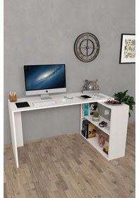 Resim Moonlife Atlas Kitaplıklı Çalışma Masası, Bilgisayar Masası Beyaz 
