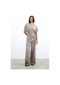 Resim Sateen Bağlamalı Jakarlı Saten Bluz - Vizon-136029 Vizon 