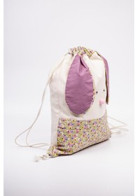 Resim Fabric Craft Bag Çocuk Sırt Çantası Çiçek Desenli Figürlü Bez Model 33x44 Cm Astarlı Krem - Mor 
