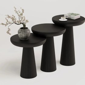 Resim Simillo Home & Living Siyah Ahşap 3’lü Set Fitilli Mantar Yan Sehpa Modern Siyah Renk Fiskos 