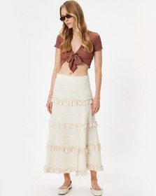 Resim Koton Keten Karışımlı Uzun Etek Fırfırlı Katmanlı Rahat Kalıp Kırık Beyaz 4sak70204ew Ekru 