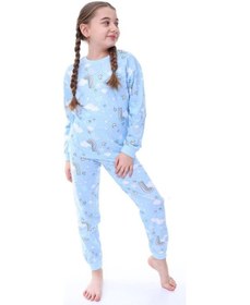 Resim Kız Çocuk Gökkuşağı Desenli Uzun Kollu Pijama Takımı-1076 Mavi 
