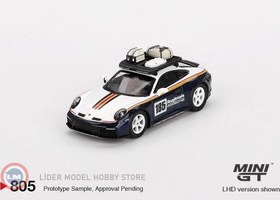 Resim 1:64 Mini GT 2023 Porsche 911 (992) DAKAR RALLYE DESIGN PACKAGE WHITEGENTIAN BLUE METALLIC 