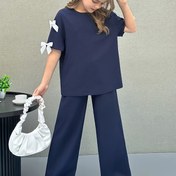 Resim Kızlar için Moda Rahat Kıyafet, Yuvarlak Yaka Yay 3D Süsleme Bol Renkli T-shirt Üst ve Düz Bacak Pantolon İki Parça Set, Dış Mekanlar için 