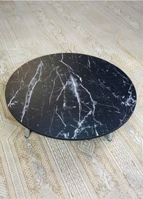 Resim Siyah Mermer Desenli Metal Katlanır Ayaklı Kamp Bahçe Ev Ve Oyun Için Yuvarlak Yer Sofrası Siyah 