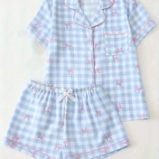 Resim Kadınların Mavi Desenli İki Parçalı Yazlık Pijama Takımı, Kısa Kollu Düğmeli Yaka Gömlek ve Şort, Bahar ve Yaz için Rahat Ev Giyimi, Polyester, Tüm Mevsimler, Rahat Giyim|Denetim Deseni|Yay Detayı 