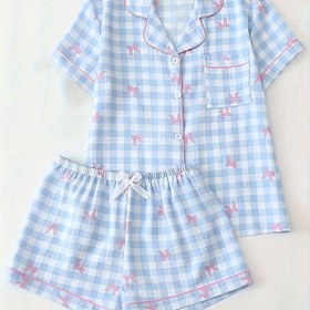 Resim Kadınların Mavi Desenli İki Parçalı Yazlık Pijama Takımı, Kısa Kollu Düğmeli Yaka Gömlek ve Şort, Bahar ve Yaz için Rahat Ev Giyimi, Polyester, Tüm Mevsimler, Rahat Giyim|Denetim Deseni|Yay Detayı 