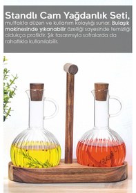 Resim 2'li Ahşap Standlı Borosilikat Cam Yağdanlık Seti - Yağlık Sirkelik Zeytinyağ Sıvıyağ Şişesi 2x350ml 