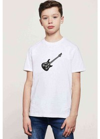 Resim Bas Gitar Siyah Ve Beyaz Elektro Baskılı Unisex Çocuk Beyaz T-Sh 