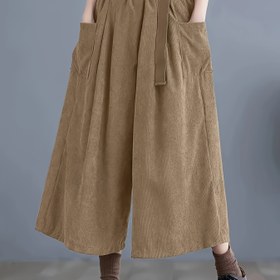 Resim Kadınlar İçin Cepli Keten Kesim Geniş Paça Pantolon - 7/8 Uzunluk, Kemerli Düz Renk Sonbahar/Kışlık Makinede Yıkanabilir Normal Kesim Yumuşak Dokulu Pantolon 