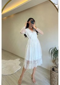 Resim Neşeli Butik Kadın Kruvaze Yaka Dantelli Tül Elbise Nm010 Beyaz 