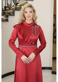 Resim Raika Moda Omuz Taş Baskı Şık Saten Ada Büyük Beden Tesettür Abiye Bordo 