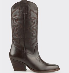 Resim Elle Kahve Deri Kadın Western Çizme 