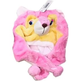 Resim Hayvan Figürlü Peluş Bere Kız Çocuk Bağlamalı Pembe Kız Çocuk 