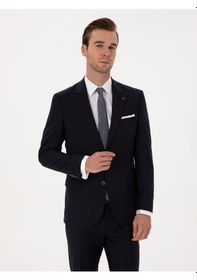 Resim Cacharel Lacivert Slim Fit %100 Yün Mono Yaka Basic Takım Elbise 