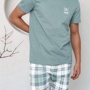 Resim Erkekler için İlkbahar Yaz Sonbahar Moda Günlük Pijama Takımı, Ekose Desenli Pantolon, Polyester Karışım, Kısa Kollu Şortlu Rahat İki Parçalı Uyku Giysisi 