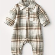 Resim Unisex Tulum - Düğmeli Ön Detaylı Uzun Kollu Vintage Tulum, Sıcak Bej & Kahverengi, Kolay Bez Değiştirme, Sonbahar/Kışlık Romper, Klasik Ekose Desenli, Kaliteli Dikiş, Dış Mekan İçin Mükemmel 