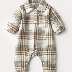 Resim Unisex Tulum - Düğmeli Ön Detaylı Uzun Kollu Vintage Tulum, Sıcak Bej & Kahverengi, Kolay Bez Değiştirme, Sonbahar/Kışlık Romper, Klasik Ekose Desenli, Kaliteli Dikiş, Dış Mekan İçin Mükemmel 