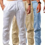 Resim 3-Pack Erkek Pamuklu Rahat Pantolon, Orta Bel Bol Kesim Düz Renk Pantolon, Esnemez Dokuma Kumaş, Yaz Cuma Günleri için Normal Uzunluk - 130gsm 