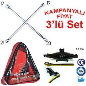 Resim Trafik Seti Bijon Anahtarı Kriko 3'lü Araba Seti Bijon Anahtarı+Trafik Seti+Kriko 