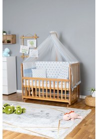 Resim Ahşap Beşik Anne Yanı Beşik Vernikli 70x130 - Mavi Yıldız 1 Yastıklı Uyku Seti + Yataklı Ahşap 