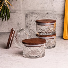 Resim Snippy Milla 4'lü Ahşap Vakumlu Kapaklı Cam Kahvaltılık Çok Amaçlı Cam Çerezlik 230 ml 