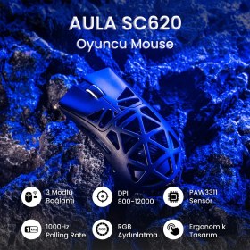 Resim Aula SC620 PAW3311 Sensör 12000 DPI 1000Hz Kablolu ve Kablosuz Gaming Oyuncu Mouse Siyah 